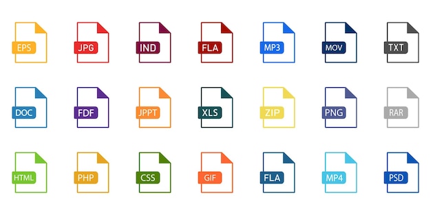 Conjunto de vetores de ícones de arquivo de documento. Conjunto de modelo de ícones de formatos de arquivo. Ilustração em vetor.