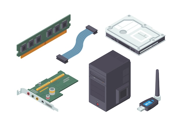 Vetor conjunto isométrico de peças de computador pessoal