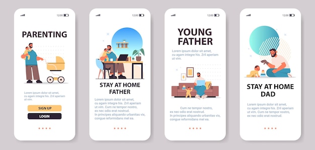 conjunto jovem pai brincando com filho conceito de paternidade pai passando tempo com seu filho coleção de telas de smartphone ilustração vetorial espaço cópia horizontal de comprimento total