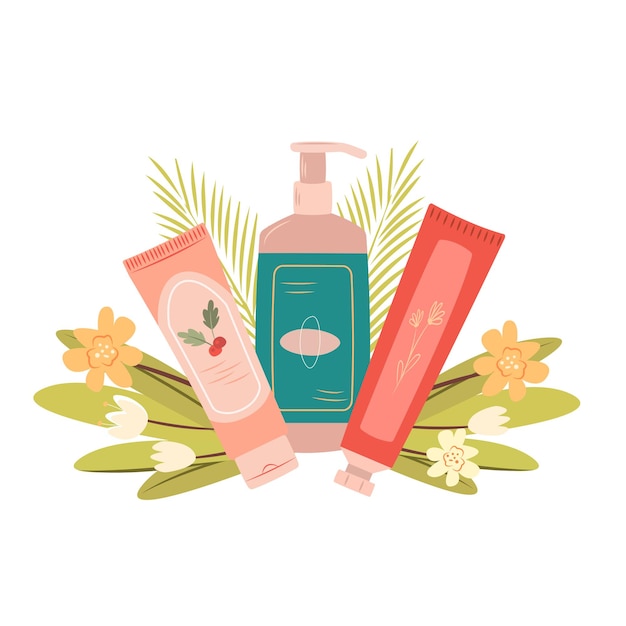 Conjunto vetorial de produtos para a pele com planta em ilustração de beleza vetorial plana de fundo