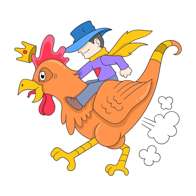 Cowboy montando um galo gigante através da imagem do ícone do doodle do vale kawaii