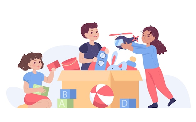 Vetor crianças tirando brinquedos de ilustração vetorial plana de caixa. menino pré-escolar e meninas brincando com bola, balão, carro, avião juntos. amigos se divertindo. amizade, conceito de entretenimento