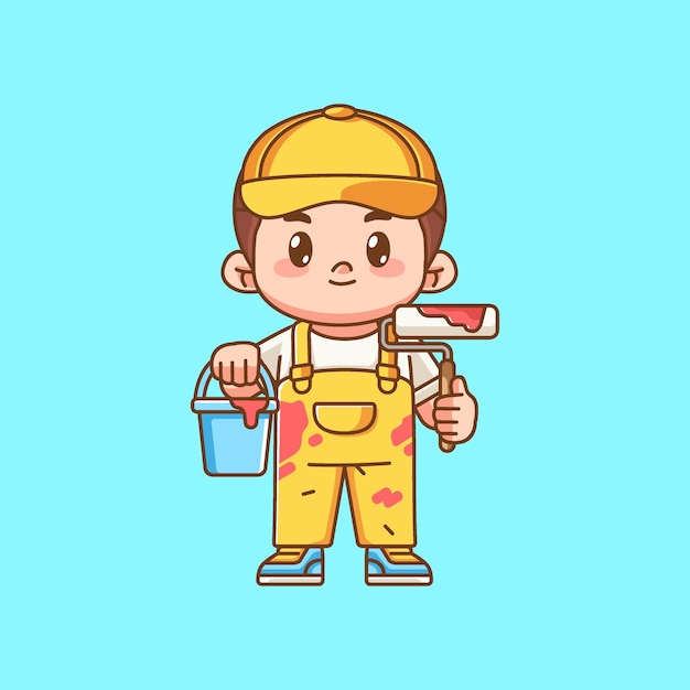 Cute pintor serviço segurar balde e rolo kawaii chibi personagem mascote esboço de ilustração