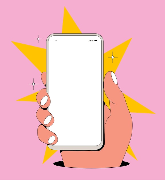 Vetor desenho animado em quadrinhos no estilo vintage da tela do smartphone com a mão segurando o telefone e um display em branco sobre fundo rosa.