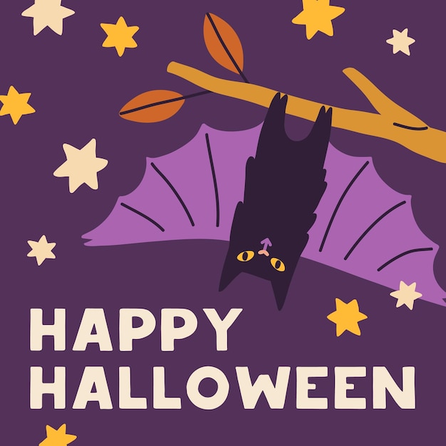 Vetor desenho de cartão de saudação feliz de halloween. template de fundo de férias de helloween com morcego vampiro engraçado e assustador. cartão postal quadrado para crianças na noite de outubro. ilustração vetorial gráfica plana infantil