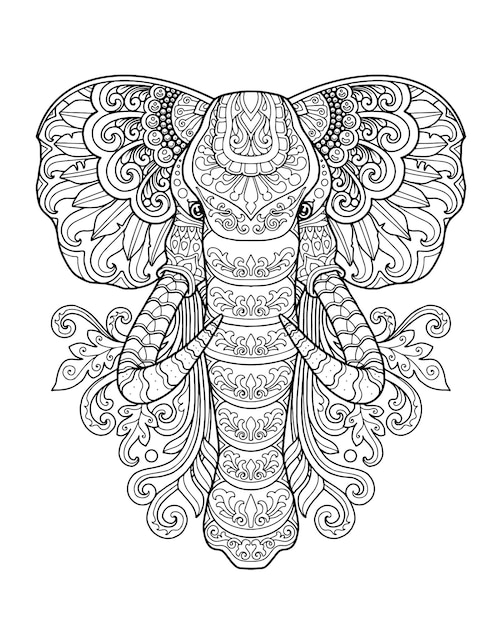 Desenho de mandala de cabeça de elefante. página para colorir