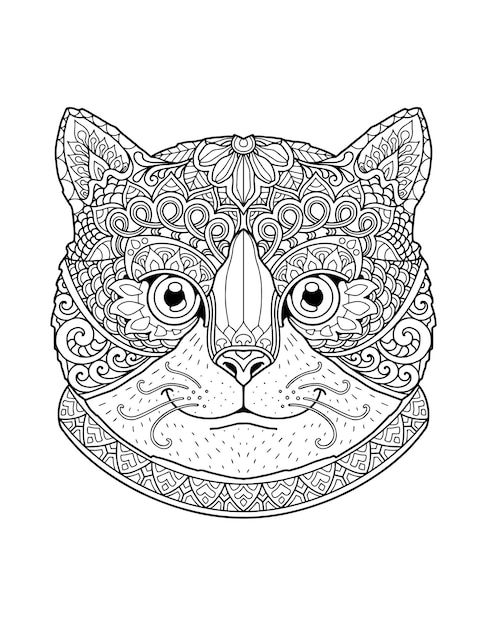 Desenho de mandala de página para colorir de cabeça de gato. design de impressão.