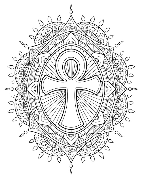 Desenho de mandala decorativa de Ankh. página para colorir