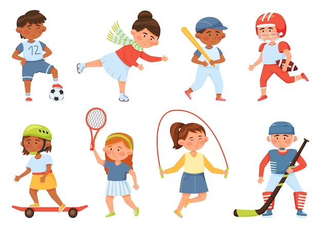 Vetor desenhos animados felizes crianças em idade escolar praticam esportes e exercícios infantis, beisebol, tênis, conjunto de vetores