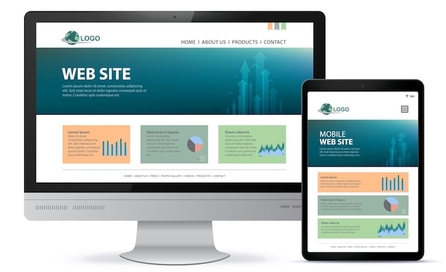 Design de site responsivo com tela de computador desktop e ilustração de computador tablet