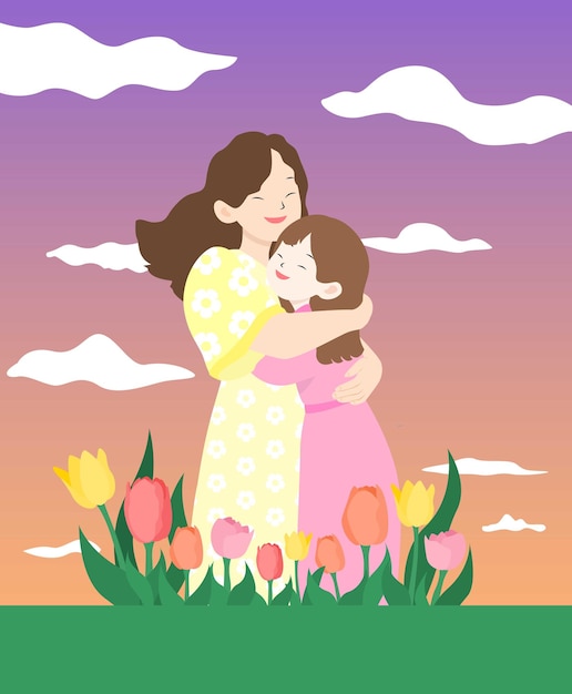 Dia das Mães mãe e filha abraçando vetor de ilustração