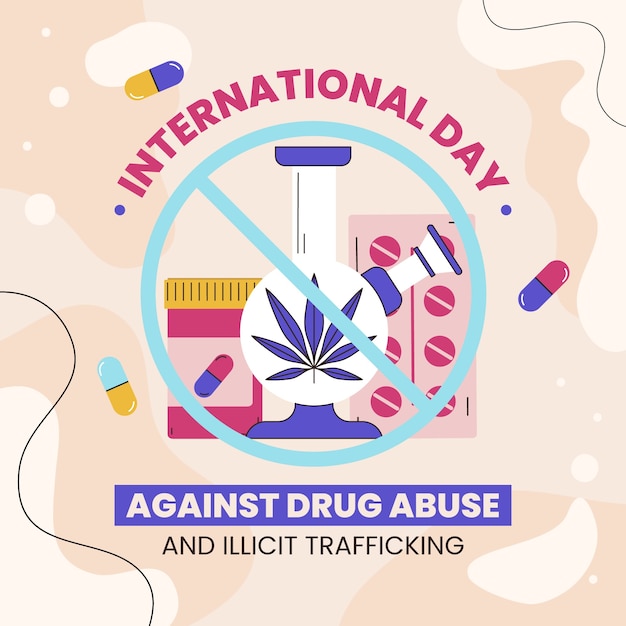 Dia internacional plano contra o abuso de drogas e ilustração de tráfico ilícito