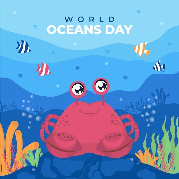 Dia mundial dos oceanos ilustração plana desenhada à mão