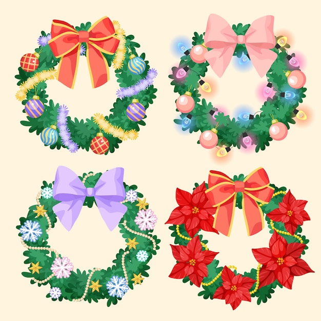 Vetor diferentes tipos de belas coroas de natal com ornamentos poinsettia bow baubles luz de natal