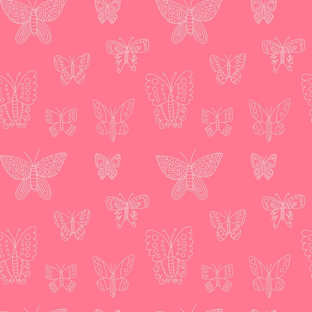 Doodle borboleta padrão sem costura padrão vetorial desenhado à mão diferentes tipos de borboletas em fundo rosa