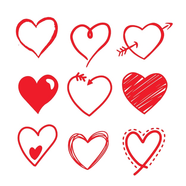 Doodle conjunto de ícones de corações de amor vermelho. Corações de rabisco desenhados à mão. elementos em forma de coração pintados para símbolos românticos de saudação de dia dos namorados