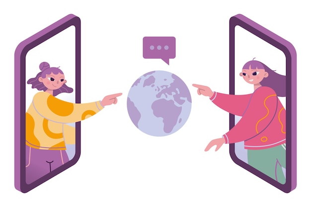 Duas meninas A menina toca o globo através de um estilo de desenho animado de smartphones Conceito de conexão de comunicação global de internet com o mundo inteiro e viagens Vetor isolado ilustração design plano