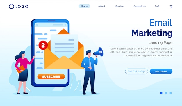 E-mail marketing modelo de vetor plana de ilustração de site de página inicial
