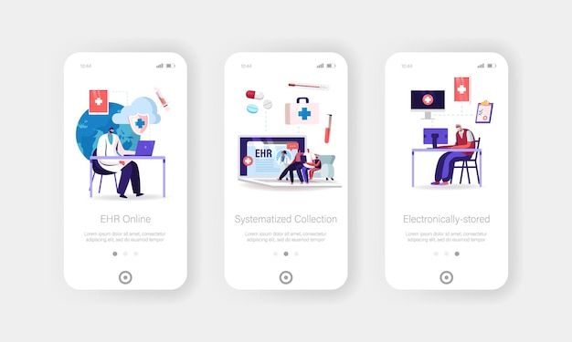 EHR, modelo de tela de página de aplicativo móvel de registro eletrônico de saúde.