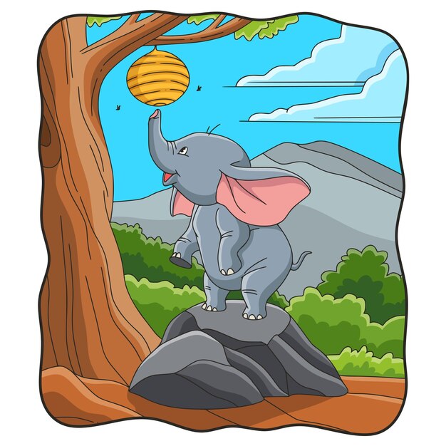 Elefante de desenho animado tentando pegar um ninho de abelha