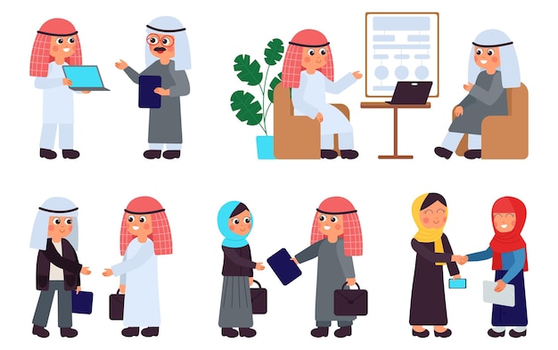 Empresários árabes Personagens de escritórios árabes trabalho em equipe islâmico Gerentes isolados que encontram homem saudita muçulmano mulher trabalhando cenas vetoriais decentes