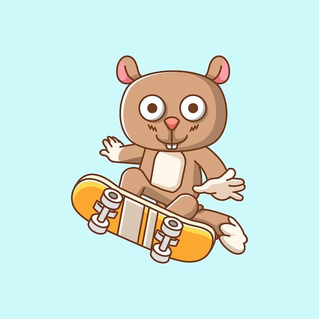 Vetor esquilo bonito jogando skateboard animal kawaii chibi personagem mascote ilustração estilo de contorno