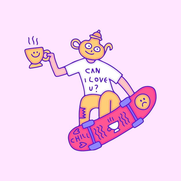 Vetor estilo livre de personagem de bule legal com skate, ilustração para camiseta, adesivo