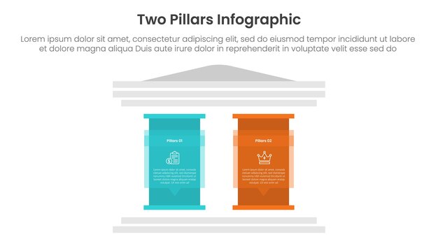 Vetor estrutura de dois pilares com antiga construção clássica infográfico com modelo de estágio de 2 pontos com pilar grande com descrição de texto para apresentação de slides