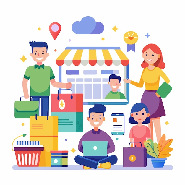 Vetor experiência de compras on-line com produtos dos clientes