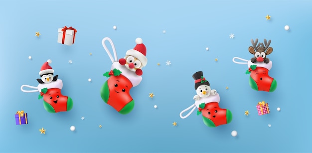 Vetor feliz natal e feliz ano novo. papai noel, boneco de neve, rena e pinguim na meia vermelha