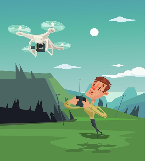 Vetor feliz sorridente homem personagem mascote brincando com o drone.