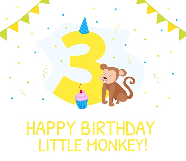 Vetor feliz terceiro aniversário cartão aniversário número de aniversário com cute little monkey animal banner poster ou invitation template ilustração vetorial de desenho animado