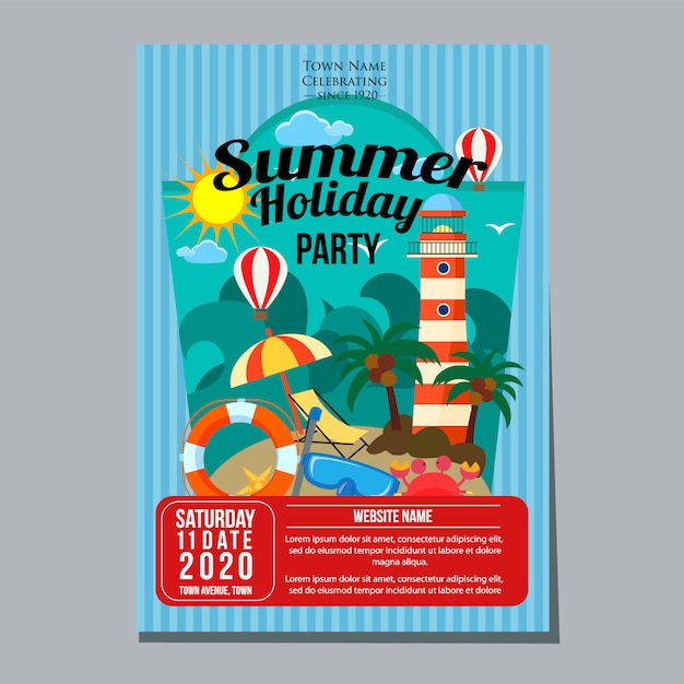 Férias de verão festa cartaz modelo farol ilustração em vetor tema praia