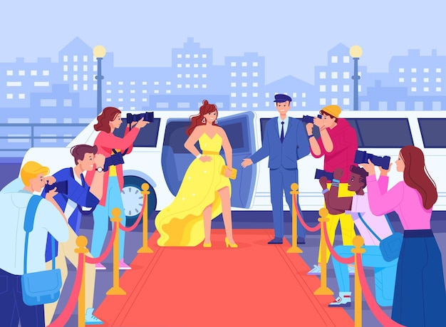 Vetor fotógrafo de celebridades famosa atriz de hollywood no tapete vermelho na câmera paparazzi estrela de cinema americana no carro de limusine moda estilo de vida evento oscar ostentoso ilustração vetorial