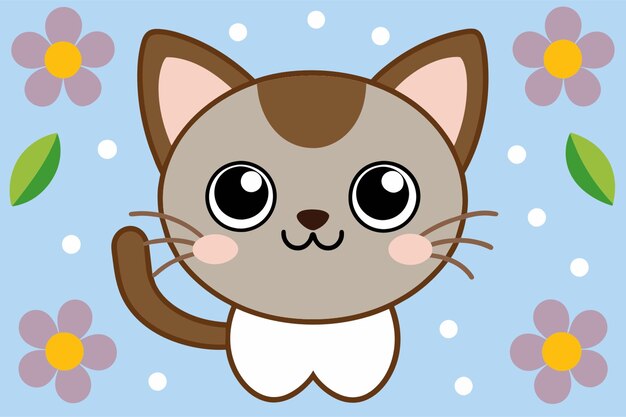 Vetor fundo branco limpo um gato kawaii várias pequenas flores folhas ovais ilustração vetorial