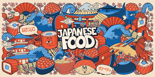 Fundo de Doodle de Comida Japonesa