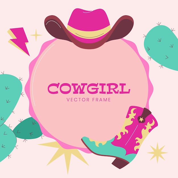 Vetor fundo de estrutura redonda de cowgirl plana desenhada à mão