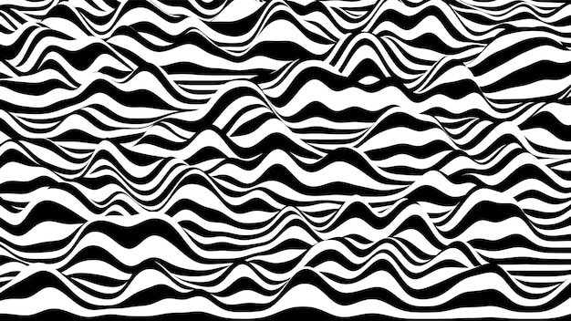 Fundo distorcido de listras 3D onduladas em preto e branco. Superfície de ruído procedural abstrata.