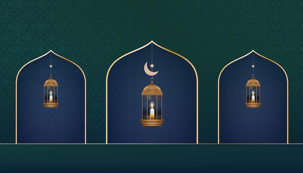 Fundo islâmico com lanterna tradicional com lua crescenteEstrela pendurada no fundo verde Pano de fundo vetorial da religião do muçulmano simbólicoEid ul fitr Ramadan KareemEid al AdhaEid Mubarak