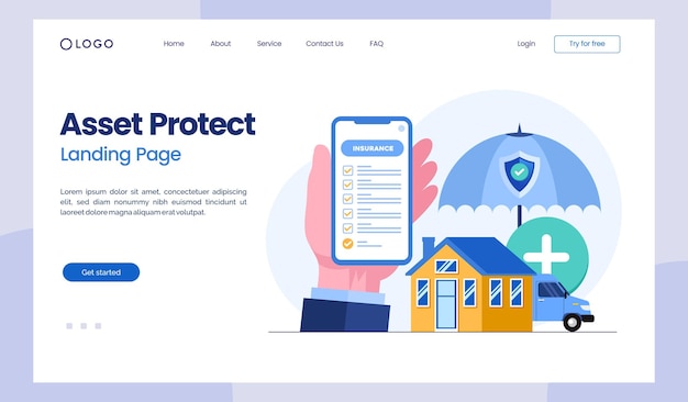 Garantia de seguro de saúde de proteção de ativos imobiliário proteção de carro ilustração plana modelo de página de destino de vetor