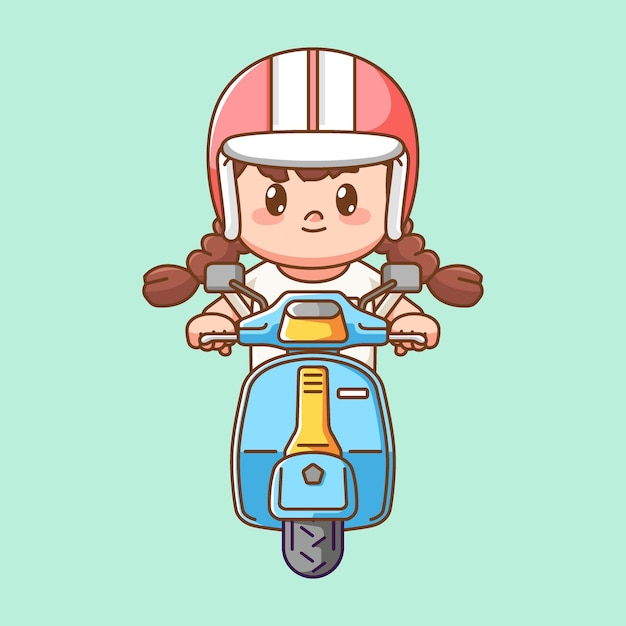 garota bonita usar capacete montando scooter kawaii chibi personagem mascote ilustração