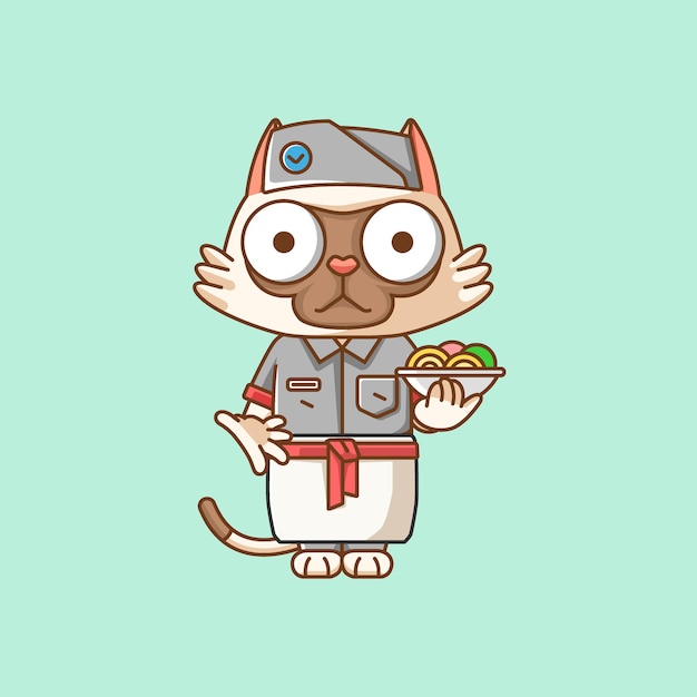 Gato bonito garçom animal kawaii chibi personagem mascote ilustração esboço estilo de design