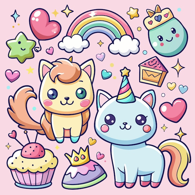 Gatos Kawaii bonitos e adesivos de arco-íris Clipart digital adorável para crianças e artesanato