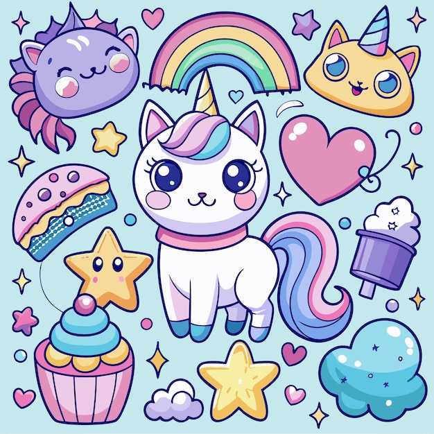 Gatos Kawaii bonitos e adesivos de arco-íris Clipart digital adorável para crianças e artesanato