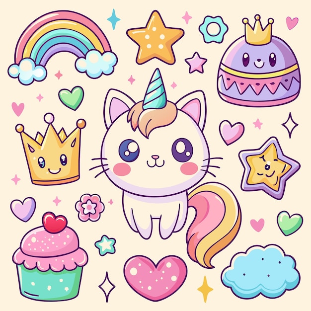 Gatos Kawaii bonitos e adesivos de arco-íris Clipart digital adorável para crianças e artesanato