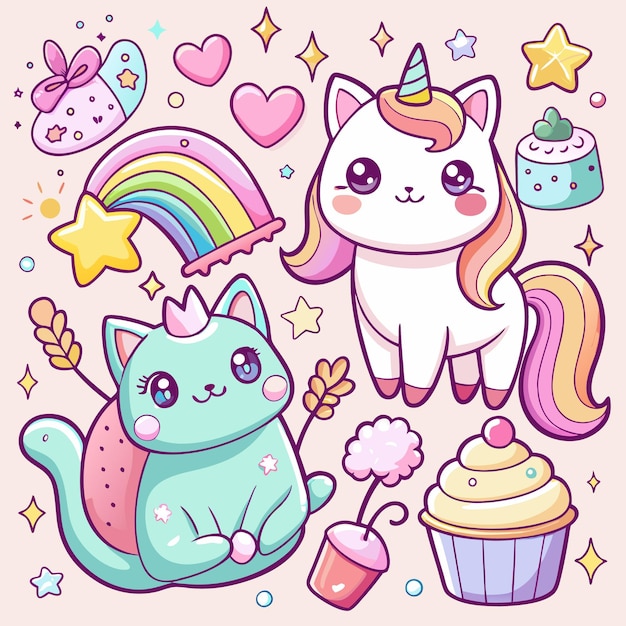 Gatos Kawaii bonitos e adesivos de arco-íris Clipart digital adorável para crianças e artesanato