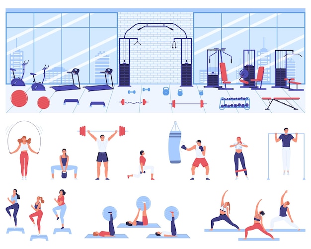 Vetor ginásio de fitness com vista interior do ginásio com ícones isolados de aparelhos e ilustração vetorial de personagens humanos