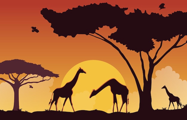 Girafa Pôr-do-sol Animal Savana Paisagem Ilustração da vida selvagem de África