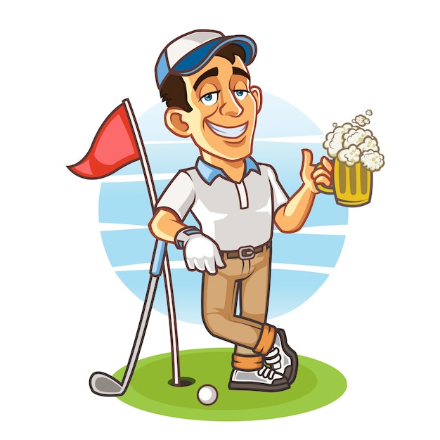 Golfista bêbado segurando um copo de cerveja