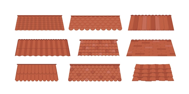 Grande conjunto de telhados para o projeto de casas de veraneio. Telhado de telha marrom isolado no fundo branco. Estilo de desenho animado. Ilustração vetorial.